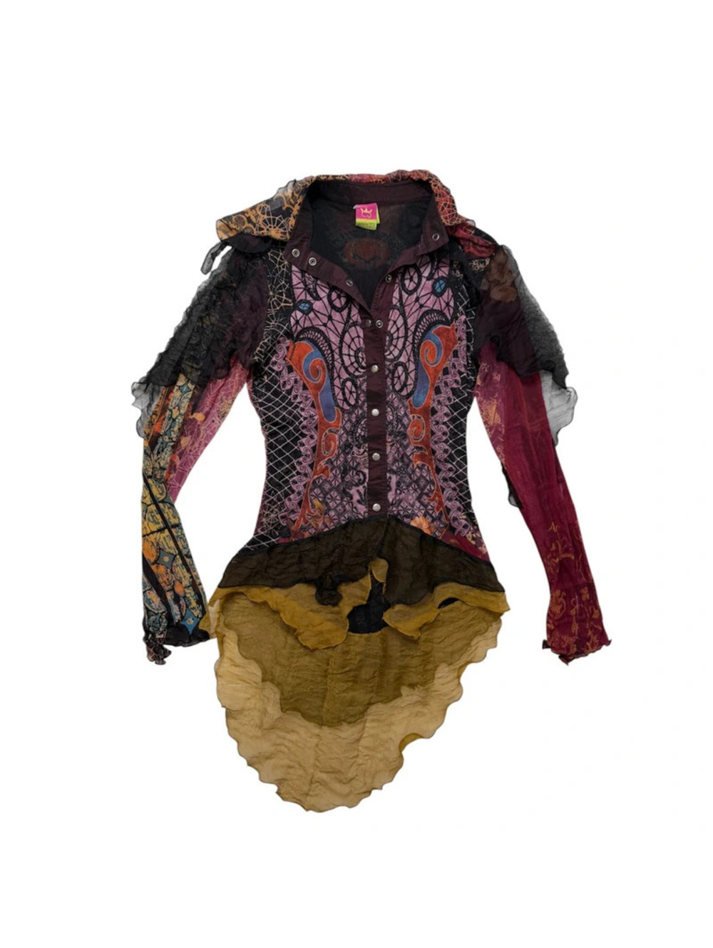 Save the Queen Vintage Gothic Stained Glass Patchwork Shirt Y2K Mesh Ruffle Hem - Picture 3 of 10